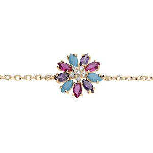Bracelet en plaqu or chane avec fleur oxydes multi couleurs 16+2cm - Vue 1