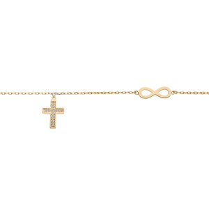 Bracelet en plaqu or chane avec infini et pampilles croix oxydes blancs sertis 16+3cm - Vue 1