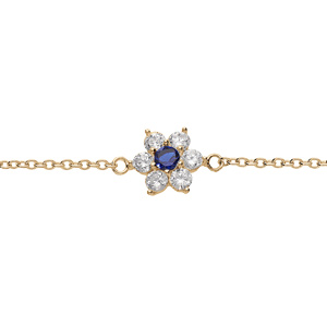Bracelet en plaqu or chane avec marguerite oxydes centre bleu fonc et contour blancs sertis 16.5+2cm - Vue 1