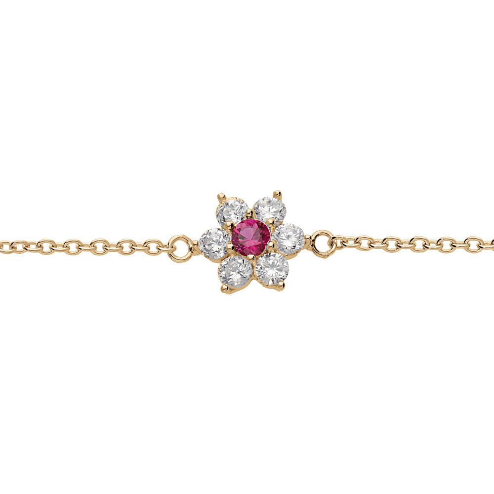 Bracelet en plaqu or chane avec marguerite oxydes centre rouge fonc et contour blancs sertis 16.5+2cm - Vue 1