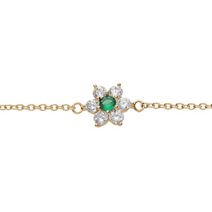 Bracelet en plaqu or chane avec marguerite oxydes centre vert fonc et contour blancs sertis 16+2.5cm - Vue 1