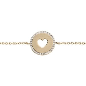 Bracelet en plaqu or chane avec mdaillon motif coeur ajoure contour oxydes blancs 16+2cm - Vue 1