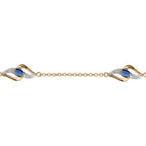 Bracelet en plaqu or chane avec 3 motifs 2 brins torsads dont 1 lisse et l\'autre orn d\'oxydes blancs et 1 oxyde bleu fonc au milieu - longueur 16cm + 3cm de rallonge - Vue 1