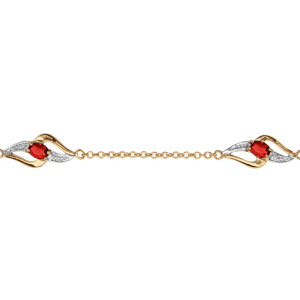 Bracelet en plaqué or chaîne avec 3 motifs 2 brins torsadés dont 1 lisse et l\'autre orné d\'oxydes blancs et 1 oxyde rouge au milieu - longueur 16cm + 3cm de rallonge - Vue 1