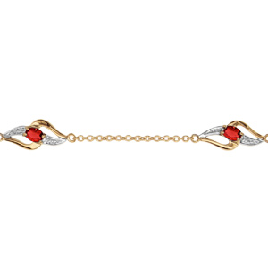 Bracelet en plaqu or chane avec 3 motifs 2 brins torsads dont 1 lisse et l\'autre orn d\'oxydes blancs et 1 oxyde rouge au milieu - longueur 16cm + 3cm de rallonge - Vue 1