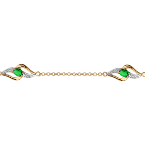 Bracelet en plaqu or chane avec 3 motifs 2 brins torsads dont 1 lisse et l\'autre orn d\'oxydes blancs et 1 oxyde vert au milieu - longueur 16cm + 3cm de rallonge - Vue 1