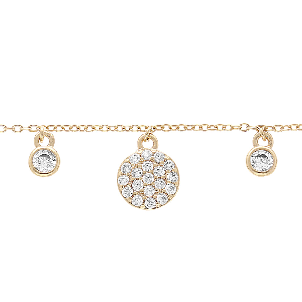 Bracelet en plaqu� or cha�ne avec pampilles 3 pastilles et 4 oxydes blancs sertis 16,5+2,5cm - Vue 1