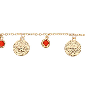 Bracelet en plaqué or chaîne avec pampilles pierres couleur corail et pastilles antiques 15+4cm - Vue 1