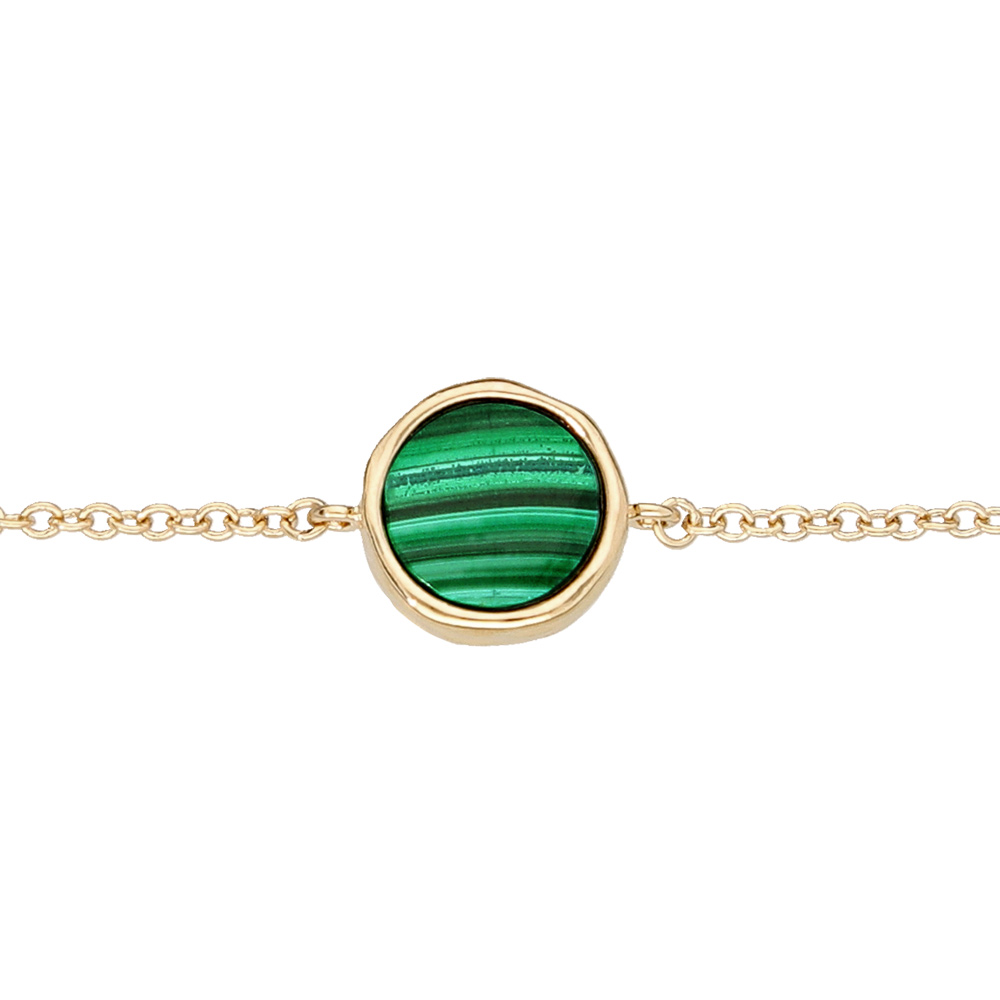 Bracelet en plaqu� or cha�ne avec pastille ronde avec Malachite v�ritable 16+2cm - Vue 1