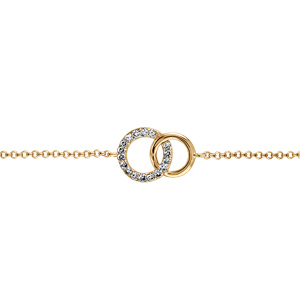 Bracelet en plaqu or chane avec 2 petits anneaux emmaills,1 lisse et l\'autre orn d\'oxydes blancs sertis - longueur 16cm + 2cm de rallonge - Vue 1