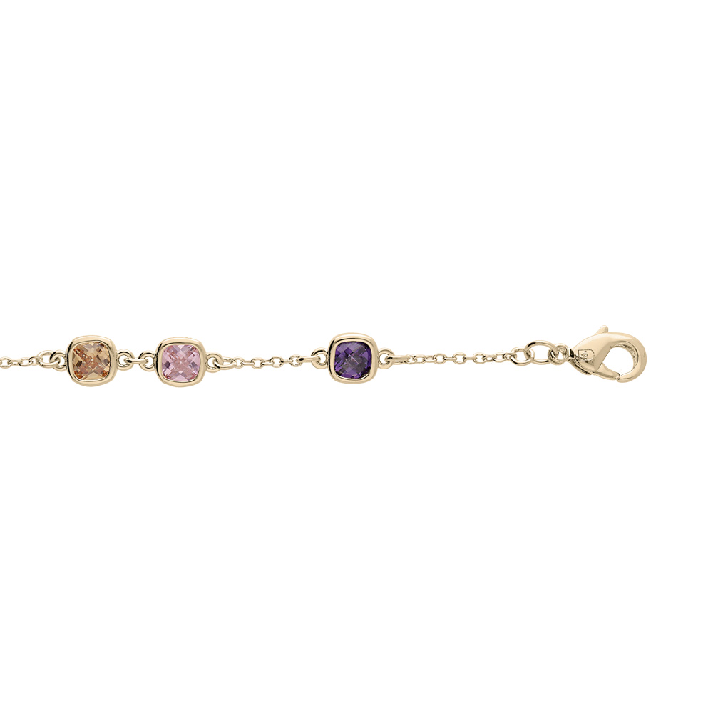 Bracelet en plaqu� or cha�ne avec pierres carr�es violette, rose et orange 16+3cm - Vue 1