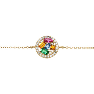 Bracelet en plaqu or chane avec rond contour oxydes blancs et pierres multi couleurs 16+3cm - Vue 1