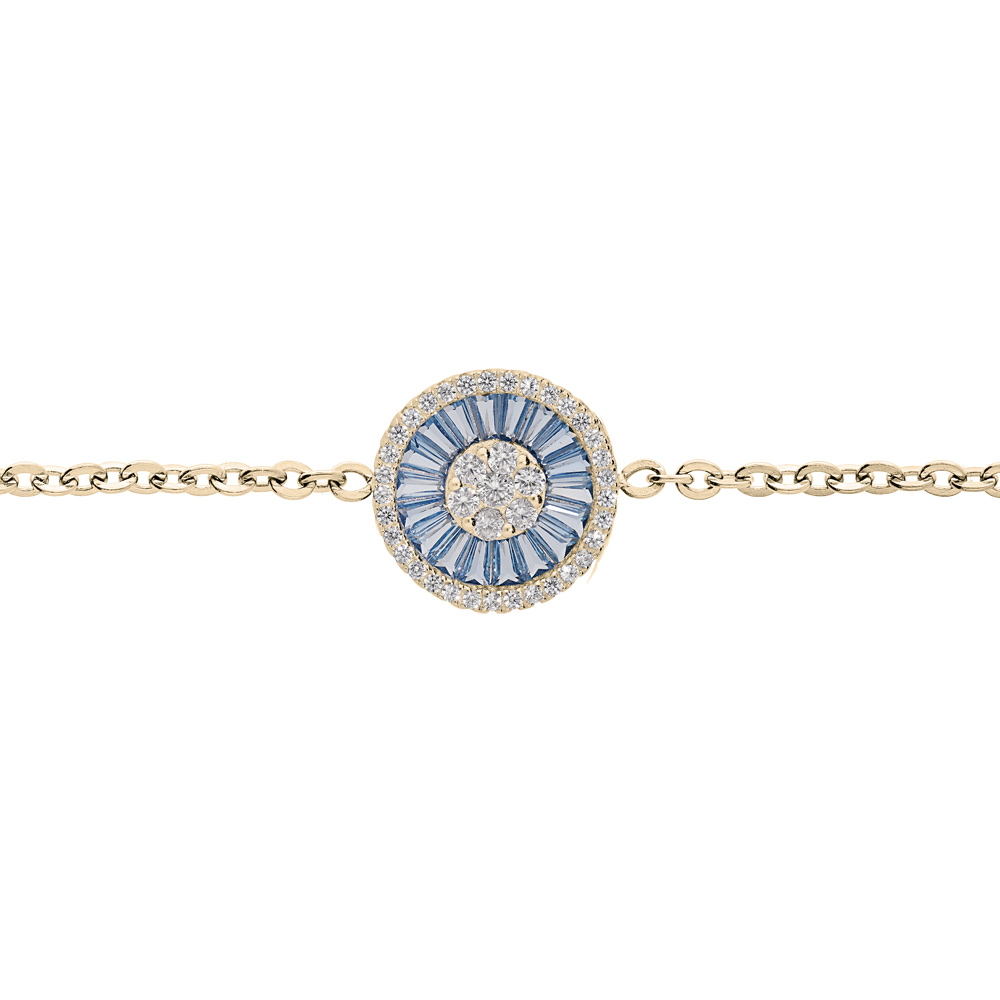 Bracelet en plaqu� or cha�ne avec rond en oxydes bleus et contour oxydes blancs sertis 16+3cm - Vue 1