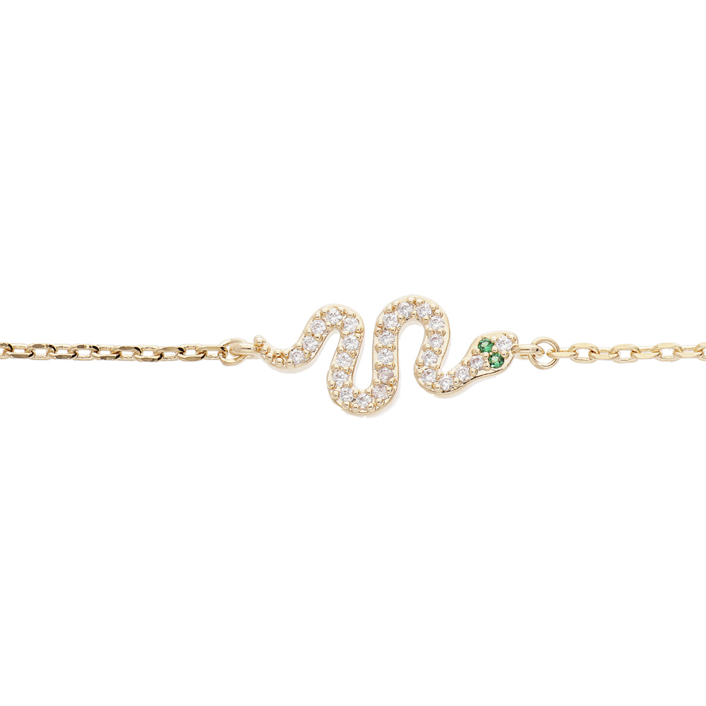 Bracelet en plaqu� or cha�ne avec serpent oxydes blancs et verts sertis 16,5+2,5cm - Vue 1