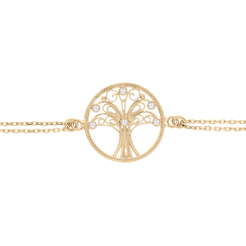 Bracelet en plaqu� or cha�ne double avec arbre de vie filigrane et oxydes blancs sertis 16+3cm - Vue 1