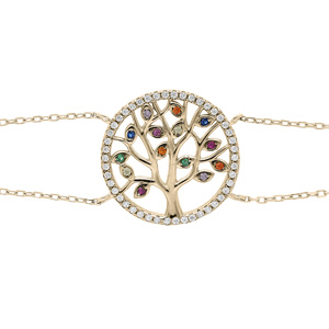 Bracelet en plaqu or double chane avec arbre de vie oxydes multi couleurs sertis 16+3cm - Vue 1