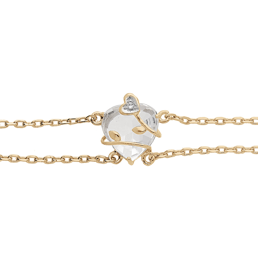Bracelet en plaqu or double chane avec coeur oxyde blanc motif volute 16+3cm - Vue 1