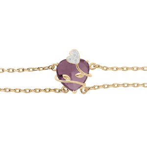 Bracelet en plaqu or double chane avec coeur oxyde violet motif volute 16+3cm - Vue 1