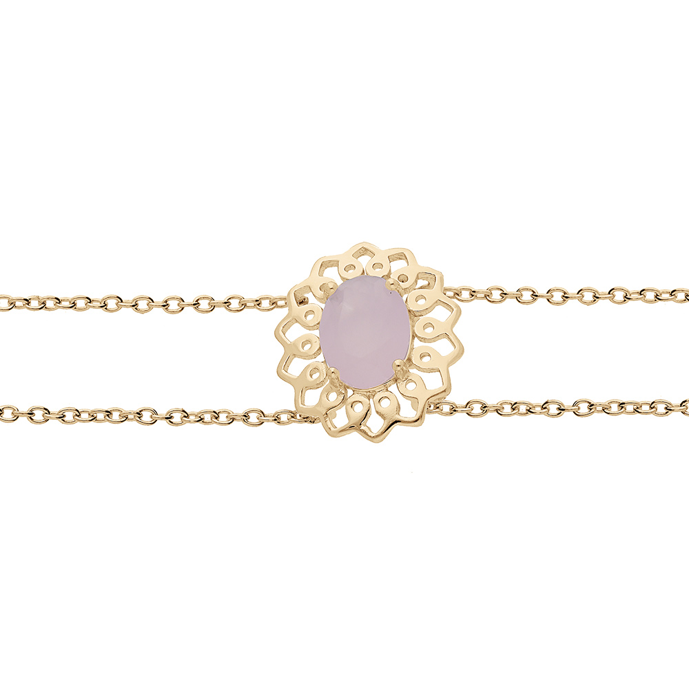Bracelet en plaqu� or double cha�ne avec motif fleur et pierre rose 16+3cm - Vue 1