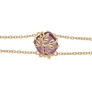 Bracelet en plaqu or double chane avec oxyde violet motif arbre de vie 16+3cm - Vue 1