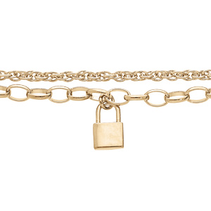 Bracelet en plaqu or double chane avec pampille cadenas lisse 17+3cm - Vue 1