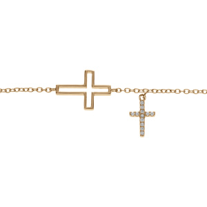 Bracelet en plaqu or double croix lisse avec pavage d\'oxydes blancs 16+2cm - Vue 1