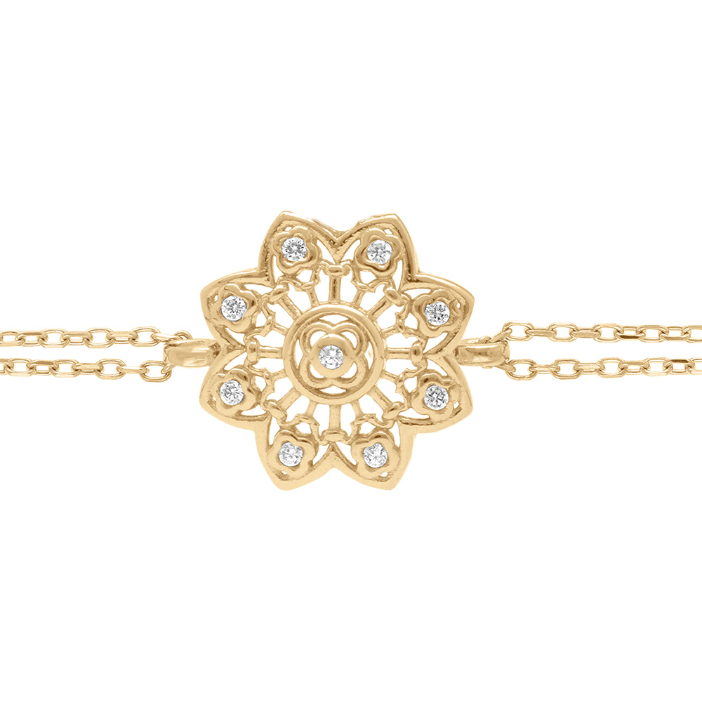 Bracelet en plaqu� or double rang avec fleur filigrane orn�e d\'oxydes blancs sertis - 15+4cm - Vue 1