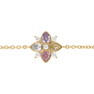Bracelet en plaqu or fleur avec oxydes couleurs pastels serti clos - 16+2cm