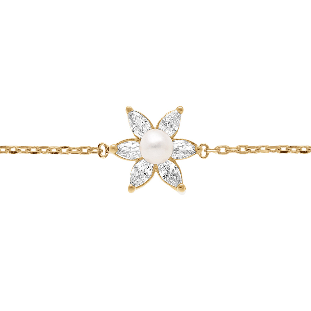 Bracelet en plaqu� or fleur d\'oxydes blancs et perle d\'eau douce - 15.5+2.5cm - Vue 1