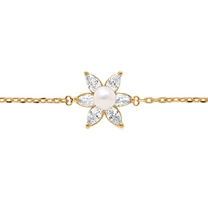 Bracelet en plaqu� or fleur d'oxydes blancs et perle d'eau douce - 15.5+2.5cm