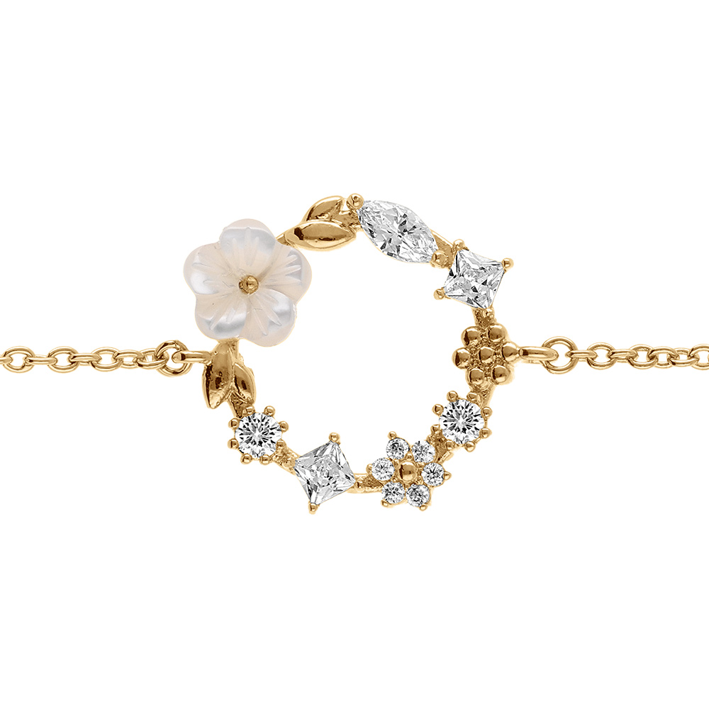 Bracelet en plaqu� or fleur  d\'oxydes blancs et sa fleur de nacre blanche -16+2cm - Vue 1