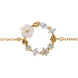 Bracelet en plaqu� or fleur  d'oxydes blancs et sa fleur de nacre blanche -16+2cm