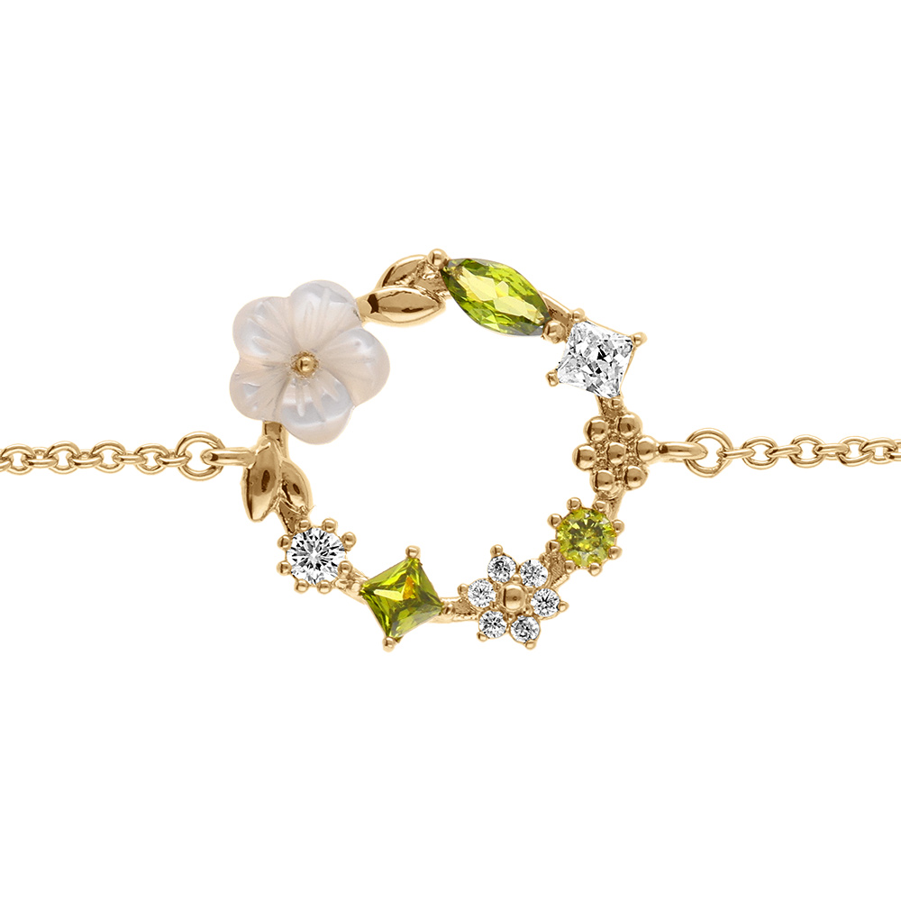 Bracelet en plaqu� or fleur d\'oxydes blancs et vert olive et sa fleur de nacre blanche -16+2cm - Vue 1