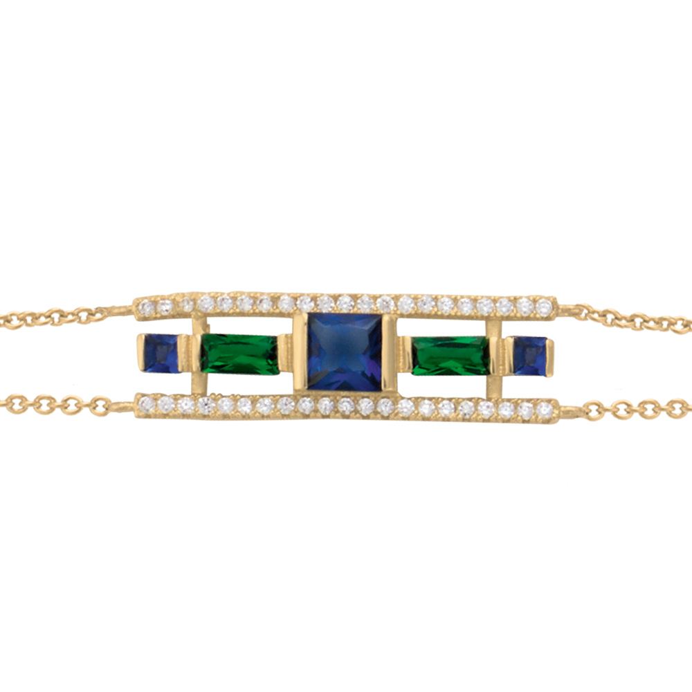 Bracelet en plaqu� or g�ometrique verre bleu fonc� et vert contour oxydes blancs sertis 16+3cm - Vue 1