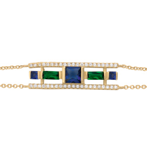 Bracelet en plaqu or gometrique verre bleu fonc et vert contour oxydes blancs sertis 16+3cm - Vue 1