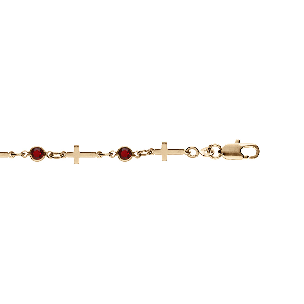 Bracelet en plaqu� or maillons forme de croix et oxydes rouge 16+3cm - Vue 1
