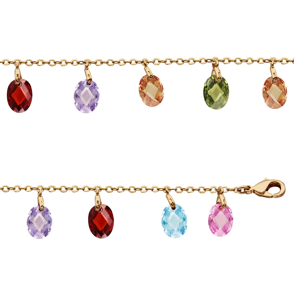 Bracelet en plaqu� or pampilles gouttes multicolores oxyde de zirconium 17cm + 2cm - Vue 1