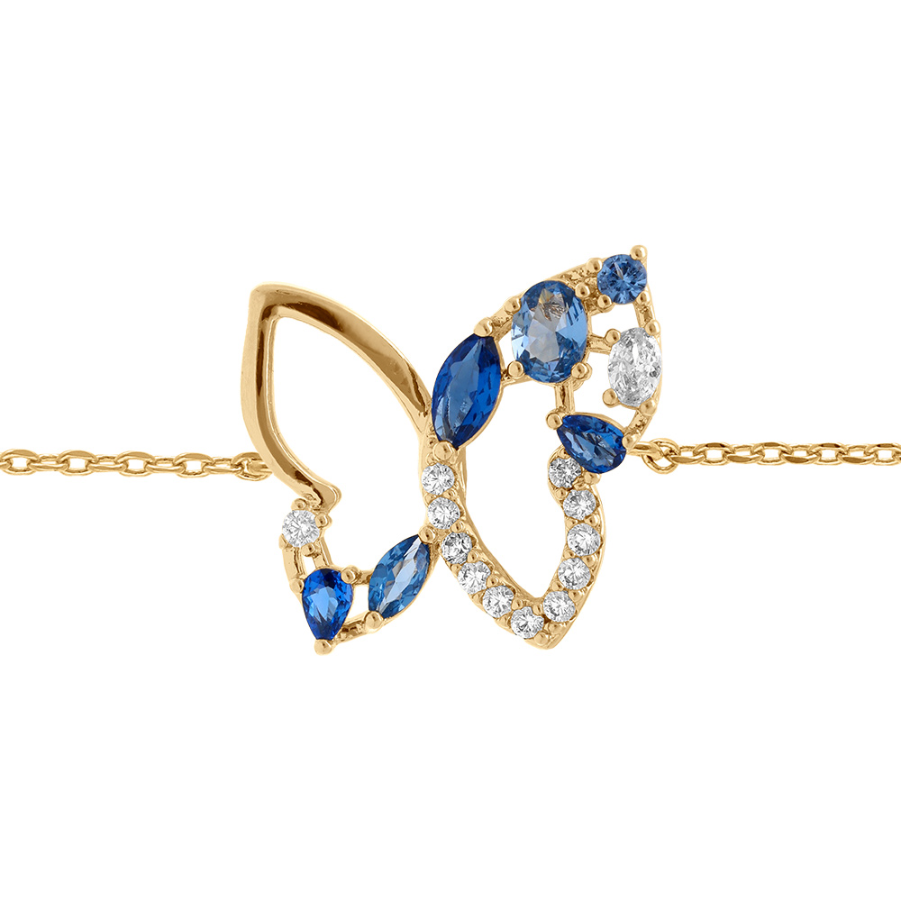 Bracelet en plaqu� or papillon ajour� oxydes bleus et blancs - 16+3cm - Vue 1