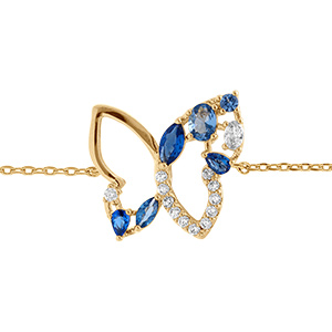 Bracelet en plaqu� or papillon ajour� oxydes bleus et blancs - 16+3cm