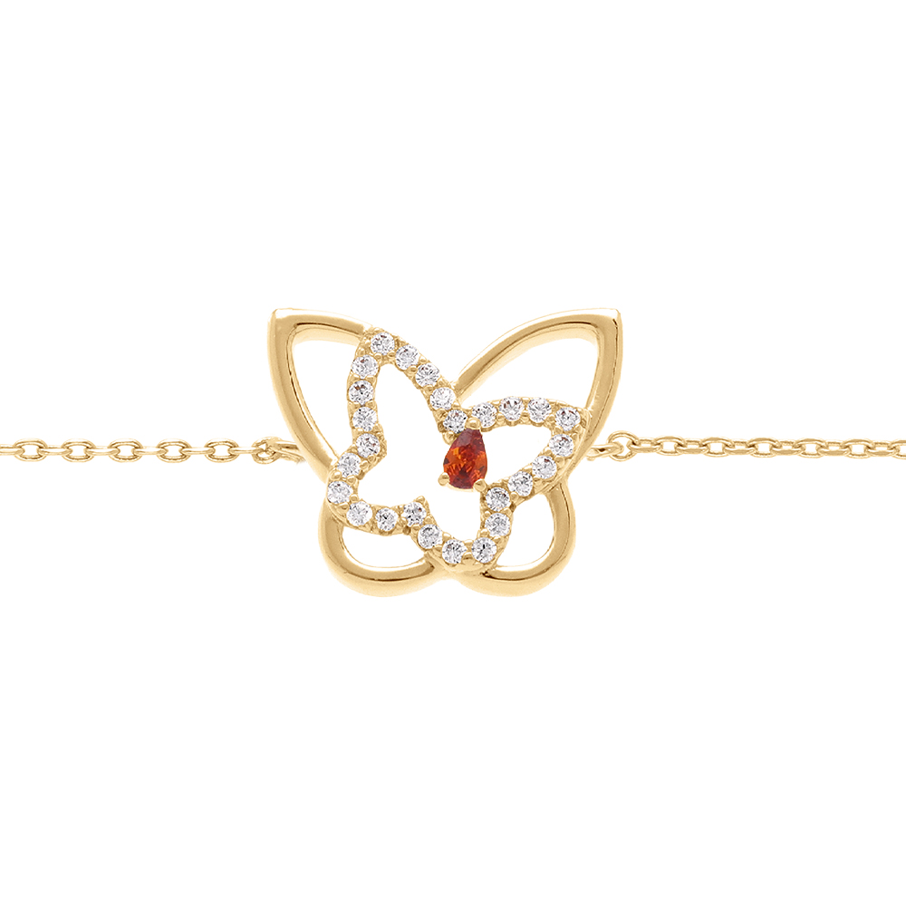 Bracelet en plaqu� or papillon oxyde rouge et oxydes blancs -16+3cm - Vue 1