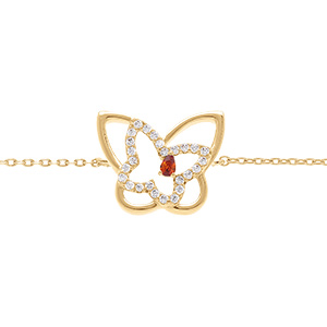 Bracelet en plaqu� or papillon oxyde rouge et oxydes blancs -16+3cm