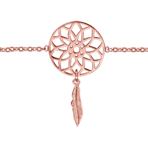 Bracelet en plaqu or rose chane avec 1 attrape rve avec 1 plume suspendue au milieu - longueur 16cm + 2cm de rallonge - Vue 1