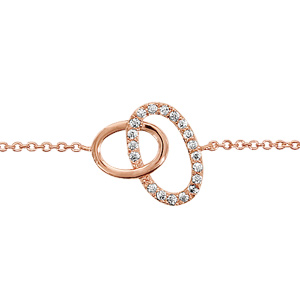 Bracelet en plaqu or rose chane avec 2 ovales de taille diffrente emmaills, 1 petit lisse et le gros orn d\'oxydes blancs sertis - longueur 16cm + 2cm de rallonge - Vue 1