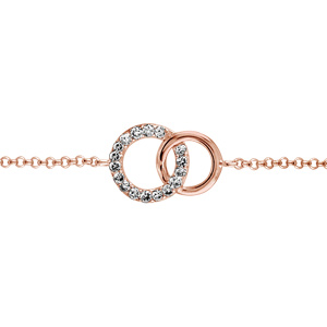 Bracelet en plaqu or rose chane avec 2 petits anneaux emmaills,1 lisse et l\'autre orn d\'oxydes blancs sertis - longueur 16cm + 2cm de rallonge - Vue 1