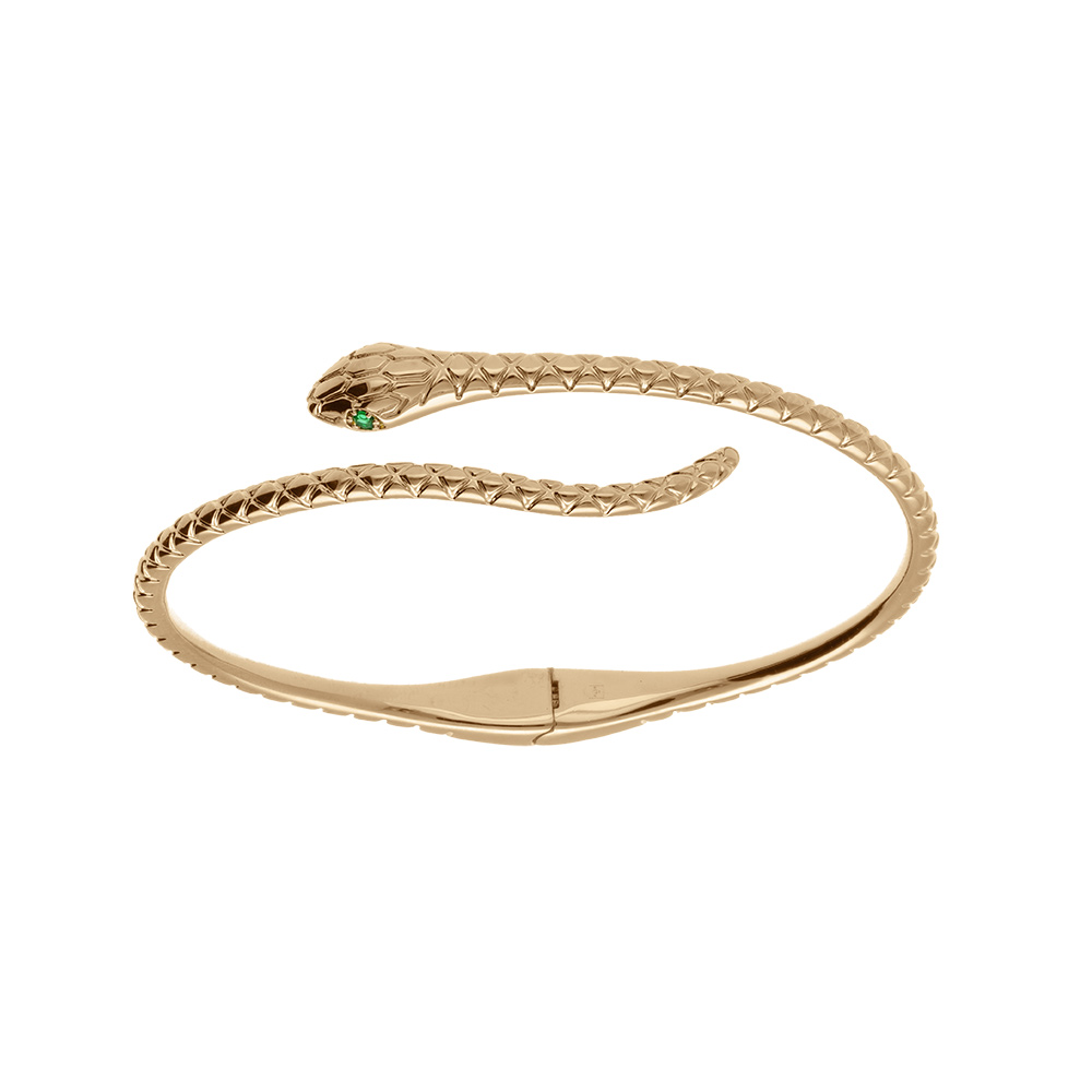 Bracelet en plaqu� or serpent articul� avec oxydes blancs et yeux oxydes verts 60mm - Vue 1