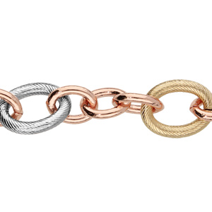 Bracelet en plaqué or tricolore avec grosses mailles ovales ciselées 18+3cm - Vue 1