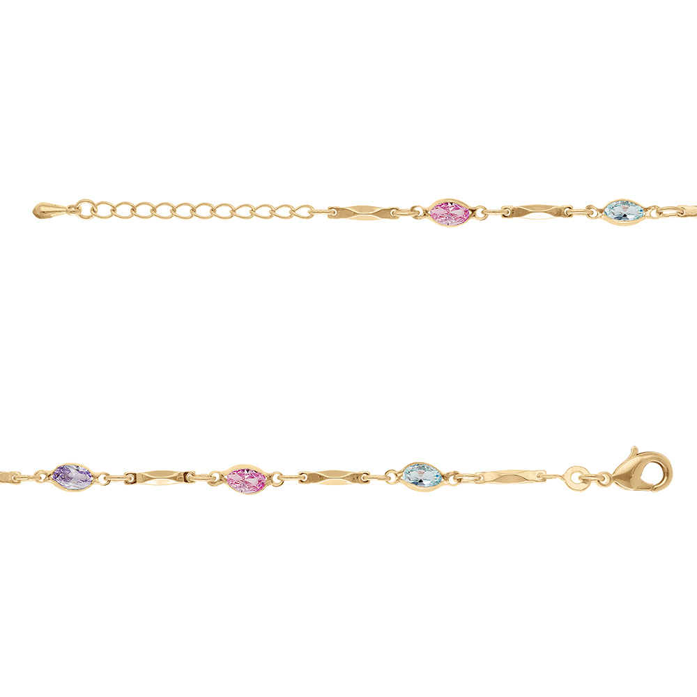 Bracelet en plaqu� or tutti frutti navettes d\'oxydes d�grad� de rose et bleu et baguettes - 16+3cm - Vue 1