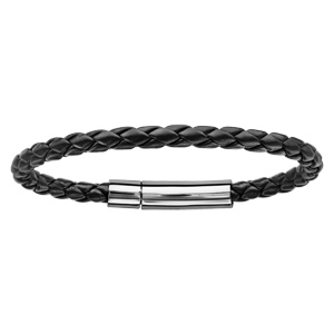 Bracelet en simili cuir tress noir et fermoir en acier - largeur 5mm et longueur 19cm - Vue 1