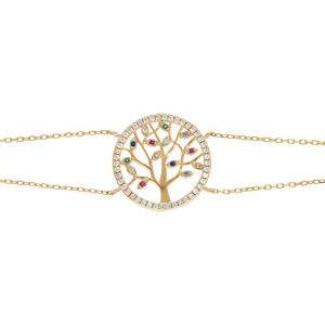 Bracelet en vermeil arbre de vie multicouleurs contour d\'oxydes blancs sertis 15+2cm - Vue 1