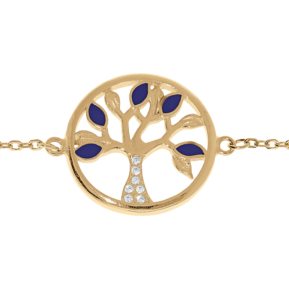 Bracelet en vermeil arbre de vie r�sine bleue et oxydes blancs - 16+3cm - Vue 1